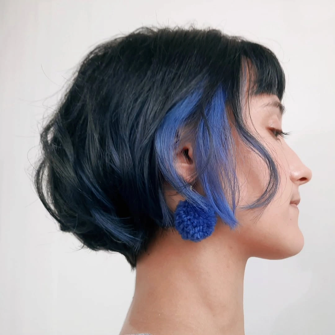french bob cut Blue Accent Bob With Feathered Bangs