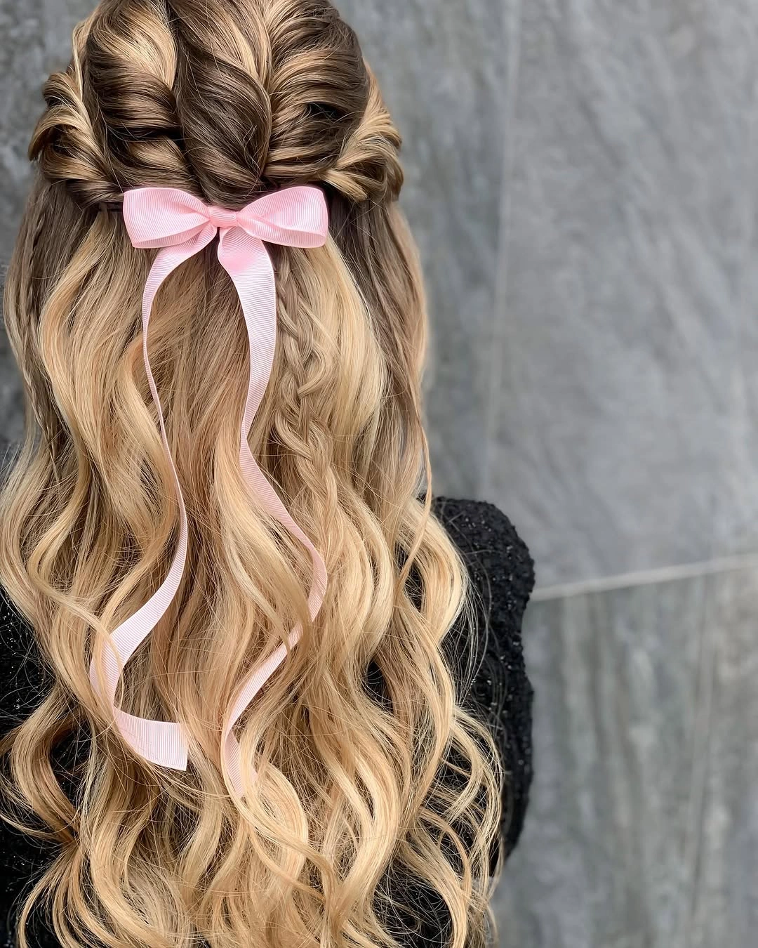 glamorous christmas hairstyles 2026 - Soft Braids and a Pretty Pink Bow
