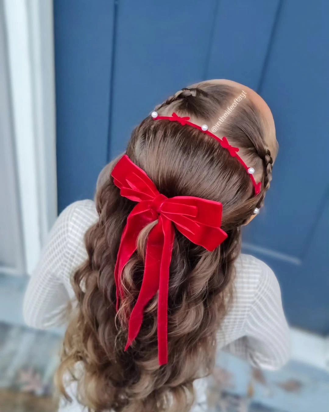 glamorous christmas hairstyles 2026 - Red Velvet Bow With Holiday Braids