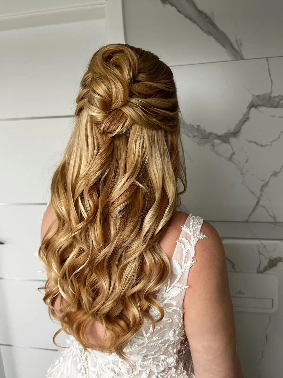 glamorous christmas hairstyles 2026 - Romantic Golden Half Up Waves