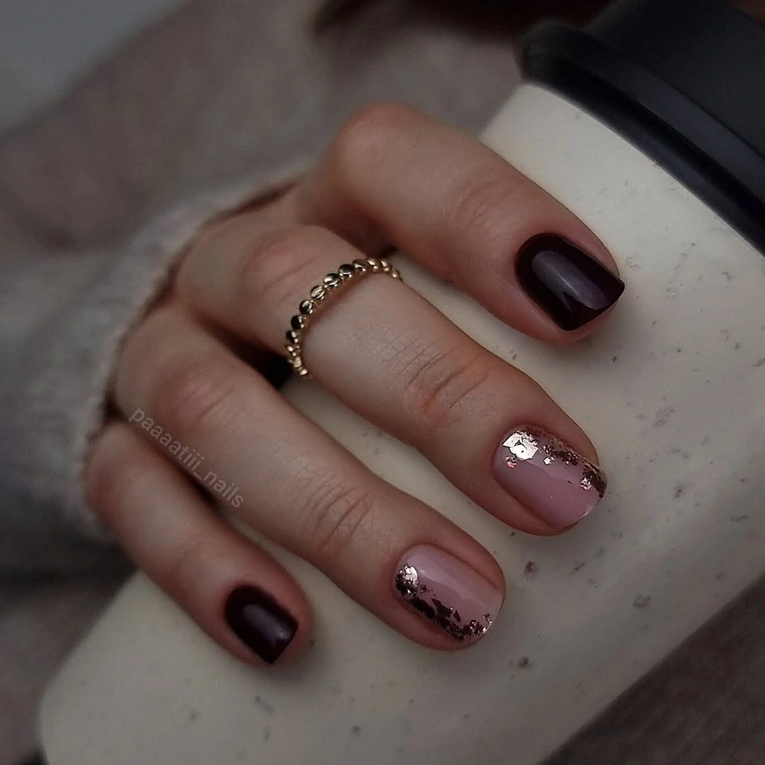 gorgeous short nails 2027 Deep Plum And Foil Accents