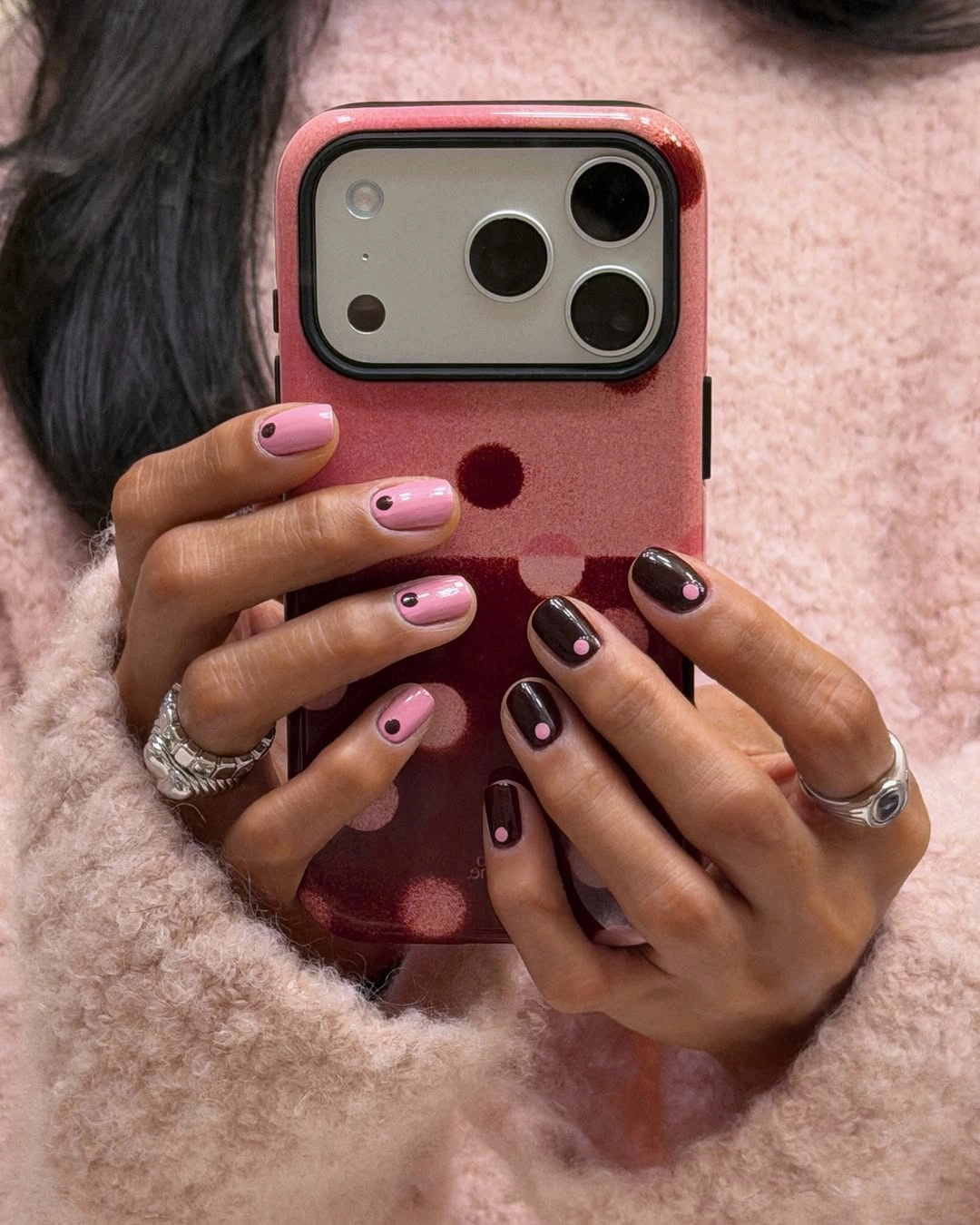 gorgeous short nails 2027 Pink and Chocolate Dot Accent Nails