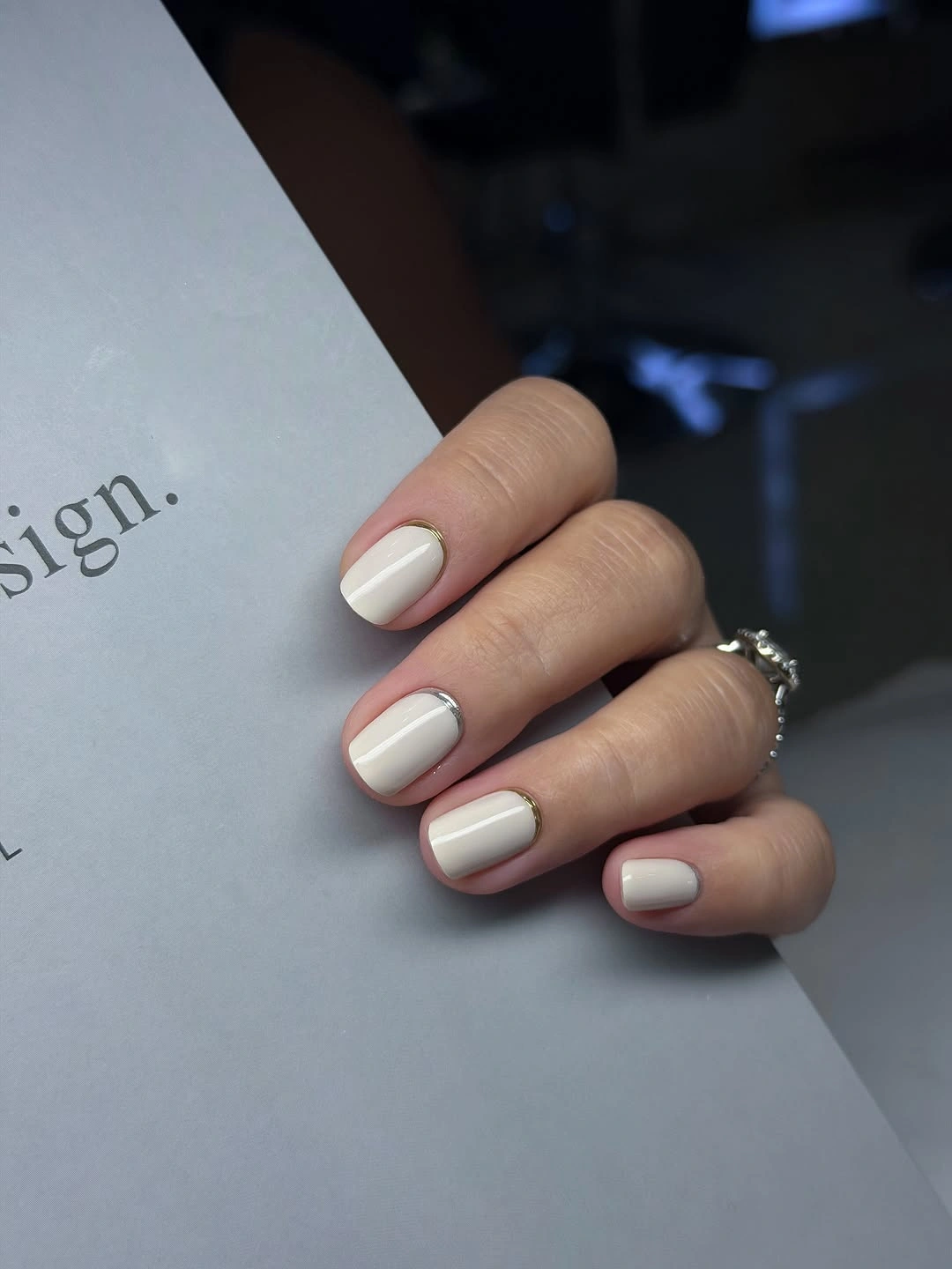 gorgeous short nails 2027 Creamy White With Metallic Detail