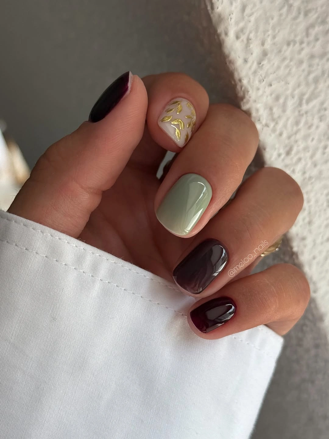 gorgeous short nails 2027 Mint Burgundy And Gold Leaf