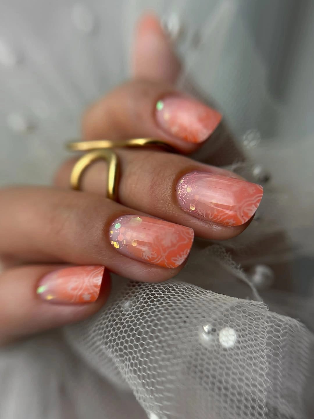 gorgeous short nails 2027 Peachy Orange With Delicate White Art