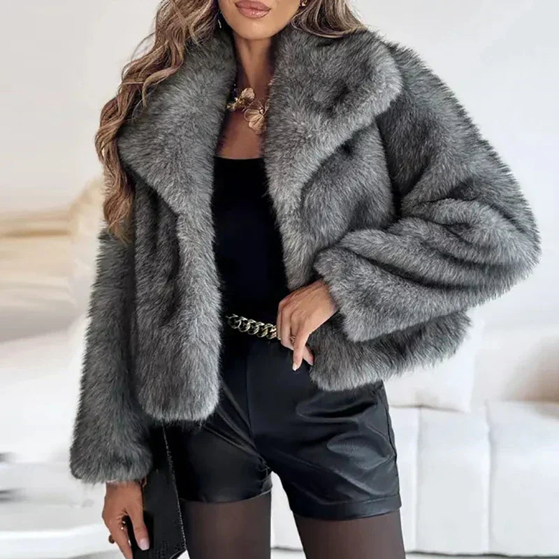 Grey Faux Fur Jacket with Leather Shorts for Evening Chic Grey Faux Fur Jacket with Leather Shorts for Evening Chic β Early Winter Outfits