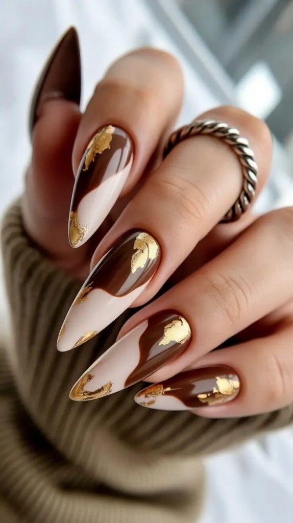 Nude Abstract Gold Foil Long Stiletto Nails Nude Abstract Gold Foil Long Stiletto Nails β Winter Oval Nails