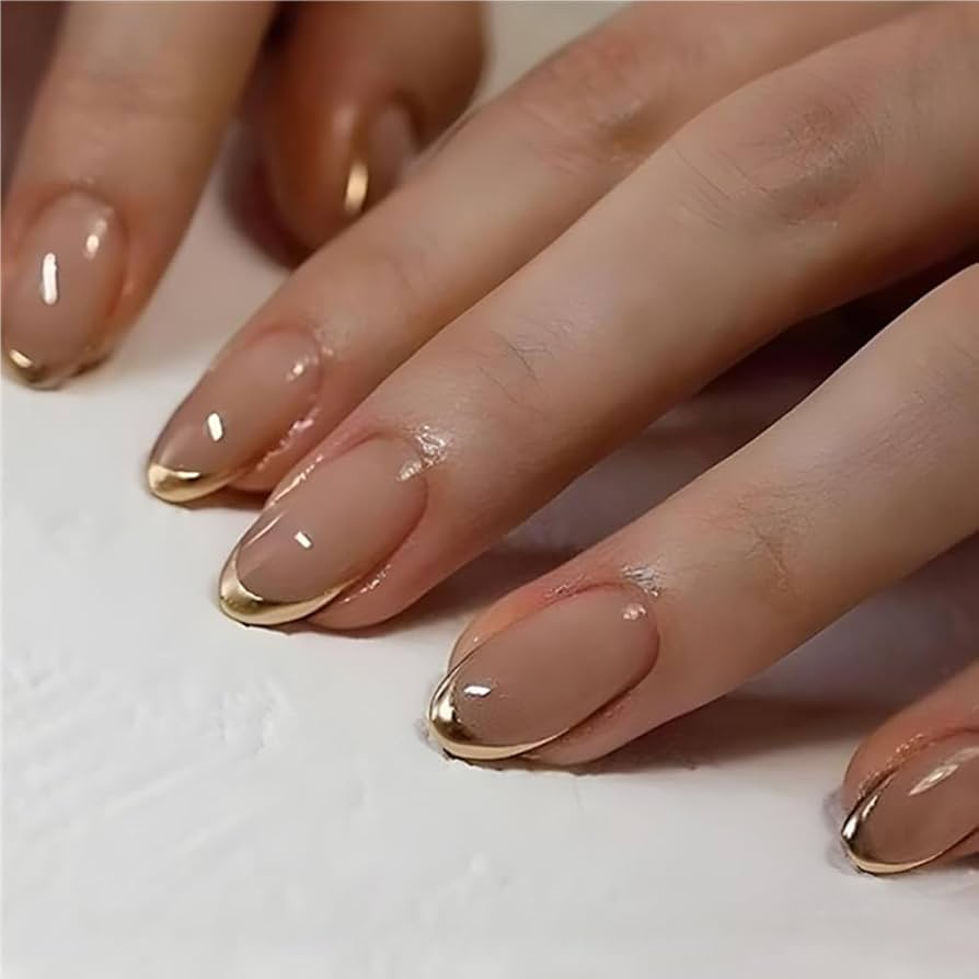 Glossy Nude Base Metallic Gold French Tip Oval Nails Glossy Nude Base Metallic Gold French Tip Oval Nails β Winter Oval Nails