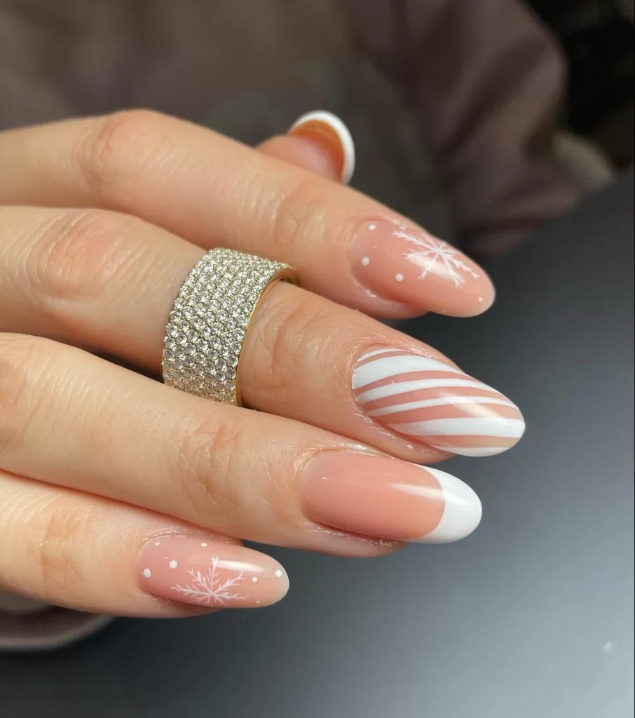 Pink French Snowflake Stripe Oval Nails — Winter Round Nails