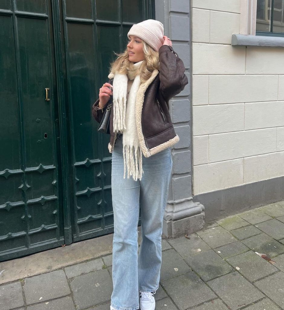 Shearling-Lined Jacket with Wide-Leg Jeans Shearling-Lined Jacket with Wide-Leg Jeans β Comfy Winter Outfits