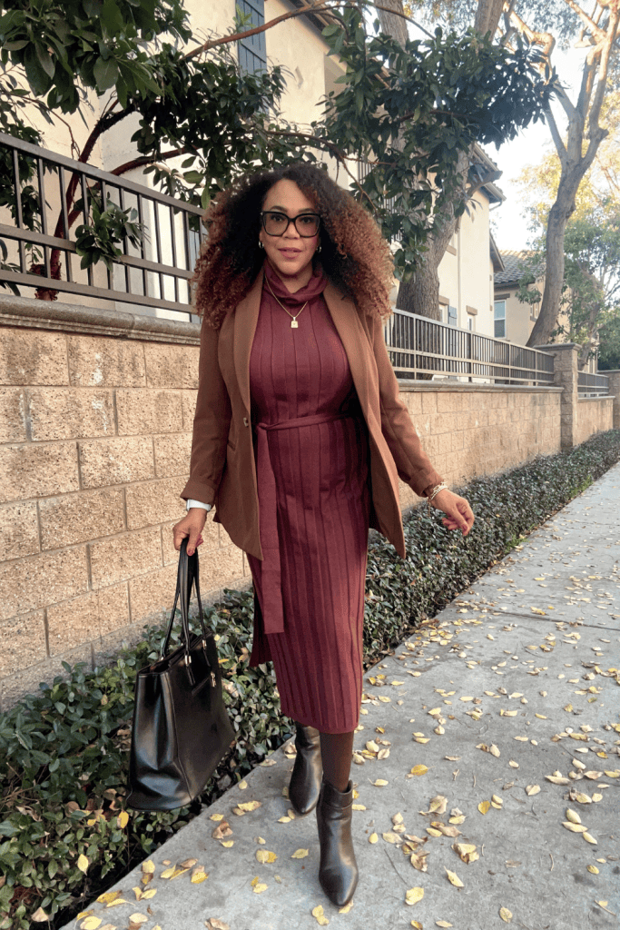 Burgundy Ribbed Knit Dress Under a Brown Wool Blazer Burgundy Ribbed Knit Dress Under a Brown Wool Blazer β Winter Work Outfits