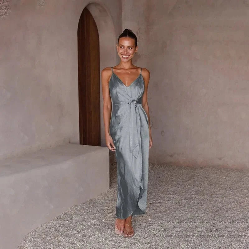 Grey Satin Slip Dress with Tie Waist for a Sophisticated Birthday Grey Satin Slip Dress with Tie Waist for a Sophisticated Birthday β Winter Birthday Outfits