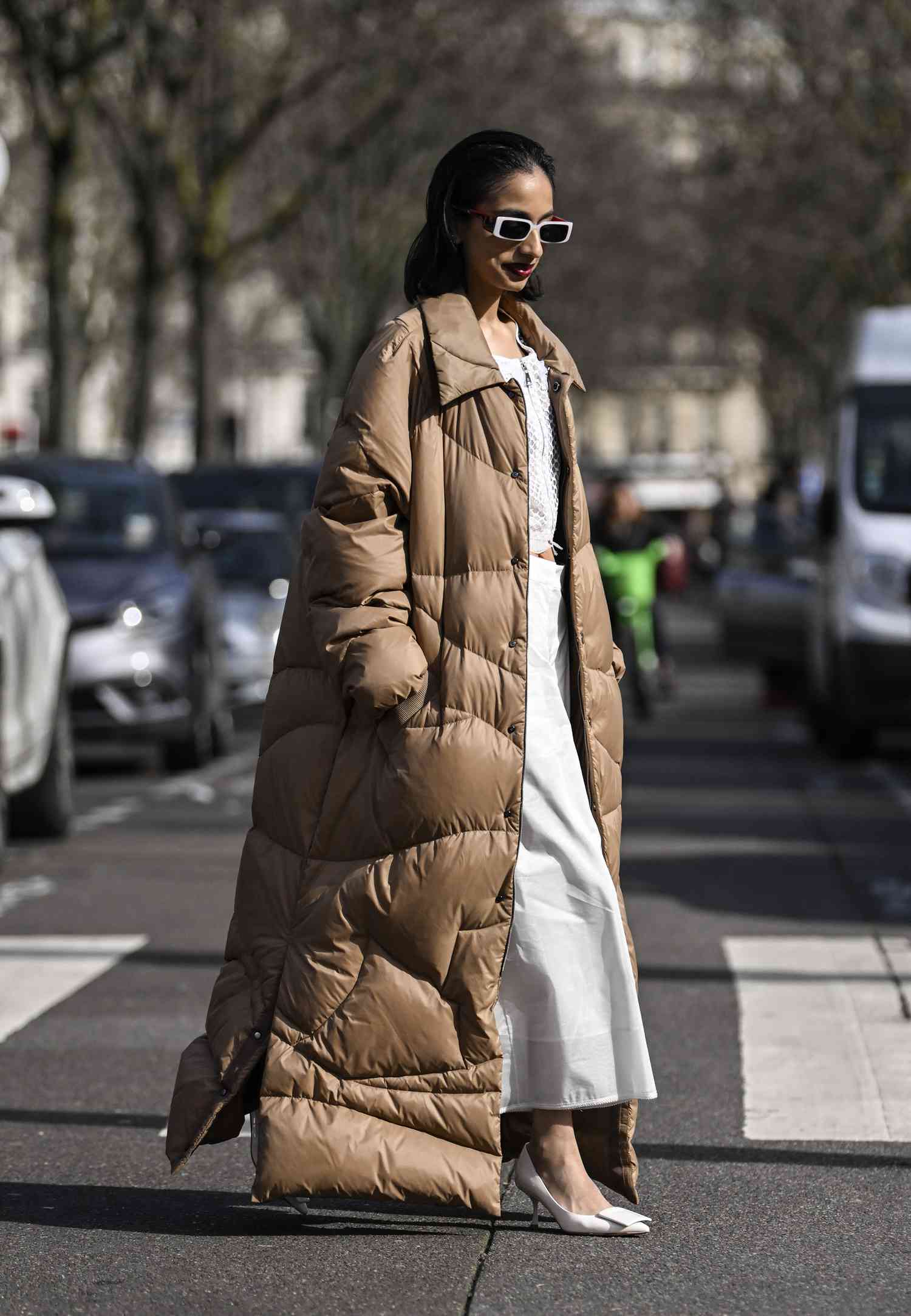 Oversized Camel Puffer with Lace Top and Midi Skirt Oversized Camel Puffer with Lace Top and Midi Skirt β Winter Puffer Jacket Outfits