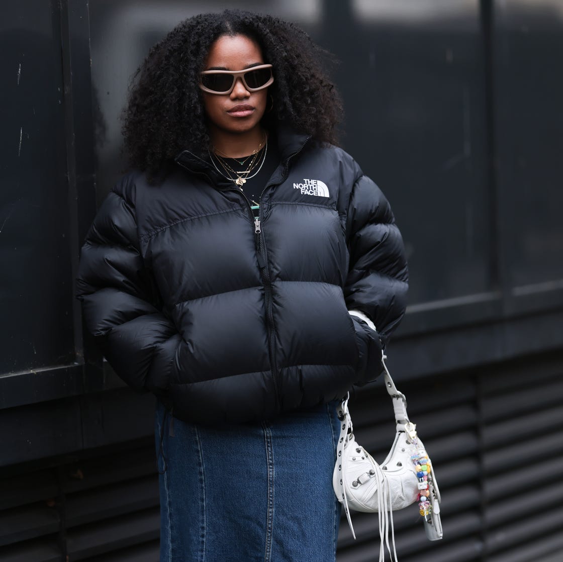 Classic Black Puffer with Denim Midi Skirt — Winter Puffer Jacket Outfits