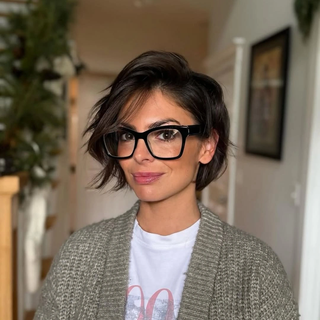 modern bobbed haircut Short Brunette Bob With Feathered Movement