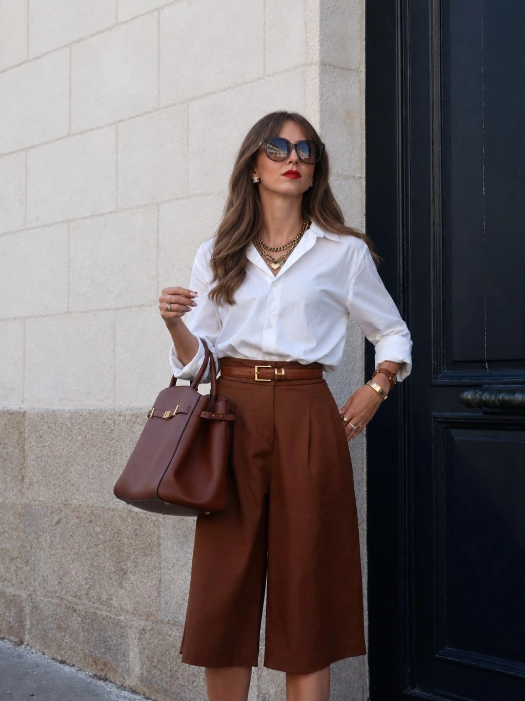 modern business casual dress code for women - Brown Bermudas and a Crisp White Shirt for a Polished Office Look