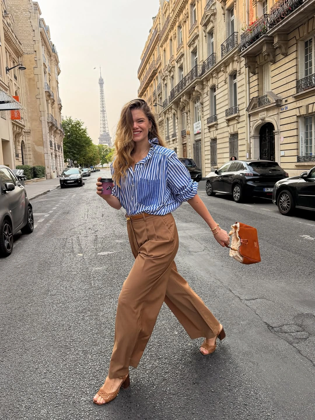 modern business casual dress code for women - Striped Shirt and Camel Trousers for Easy City Dressing