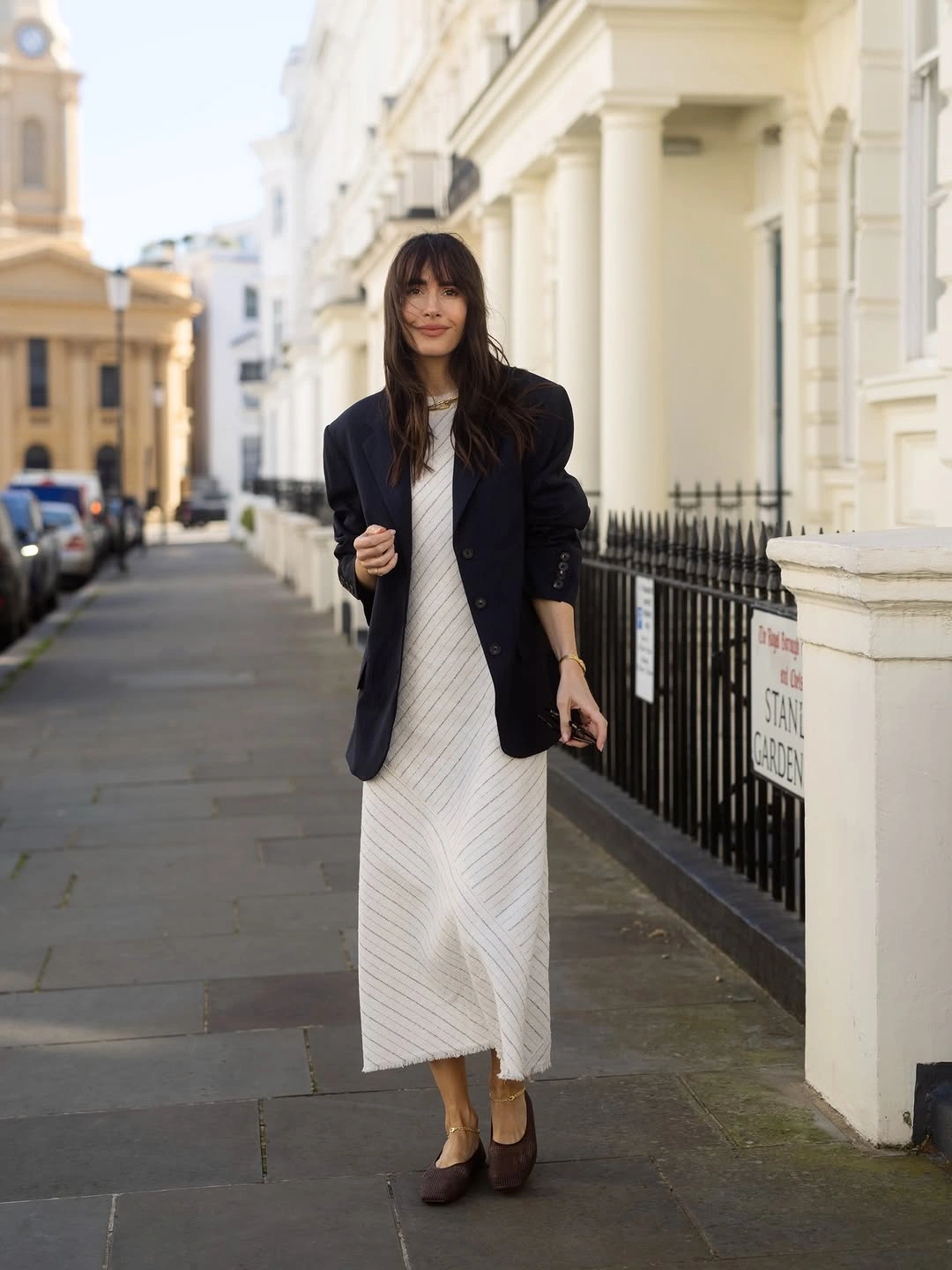 modern business casual dress code for women - Navy Blazer and Knit Dress for Effortless Elegance