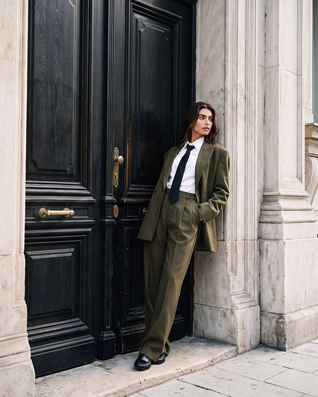 modern business casual dress code for women - Olive Tailoring and a Black Tie for Modern Menswear-Inspired Style