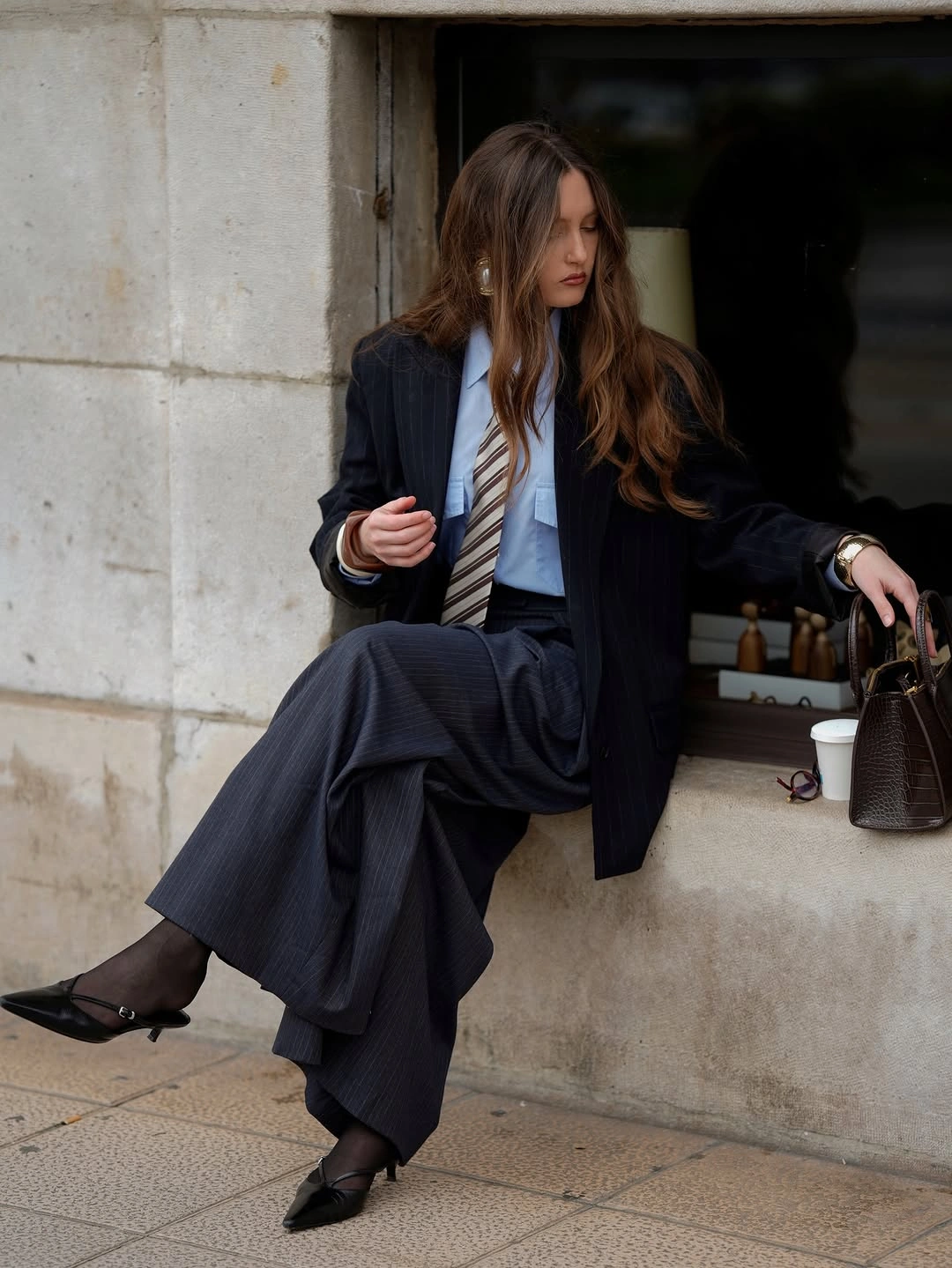 modern business casual dress code for women - Pinstripe Layers With a Relaxed Tie for Quietly Confident Dressing