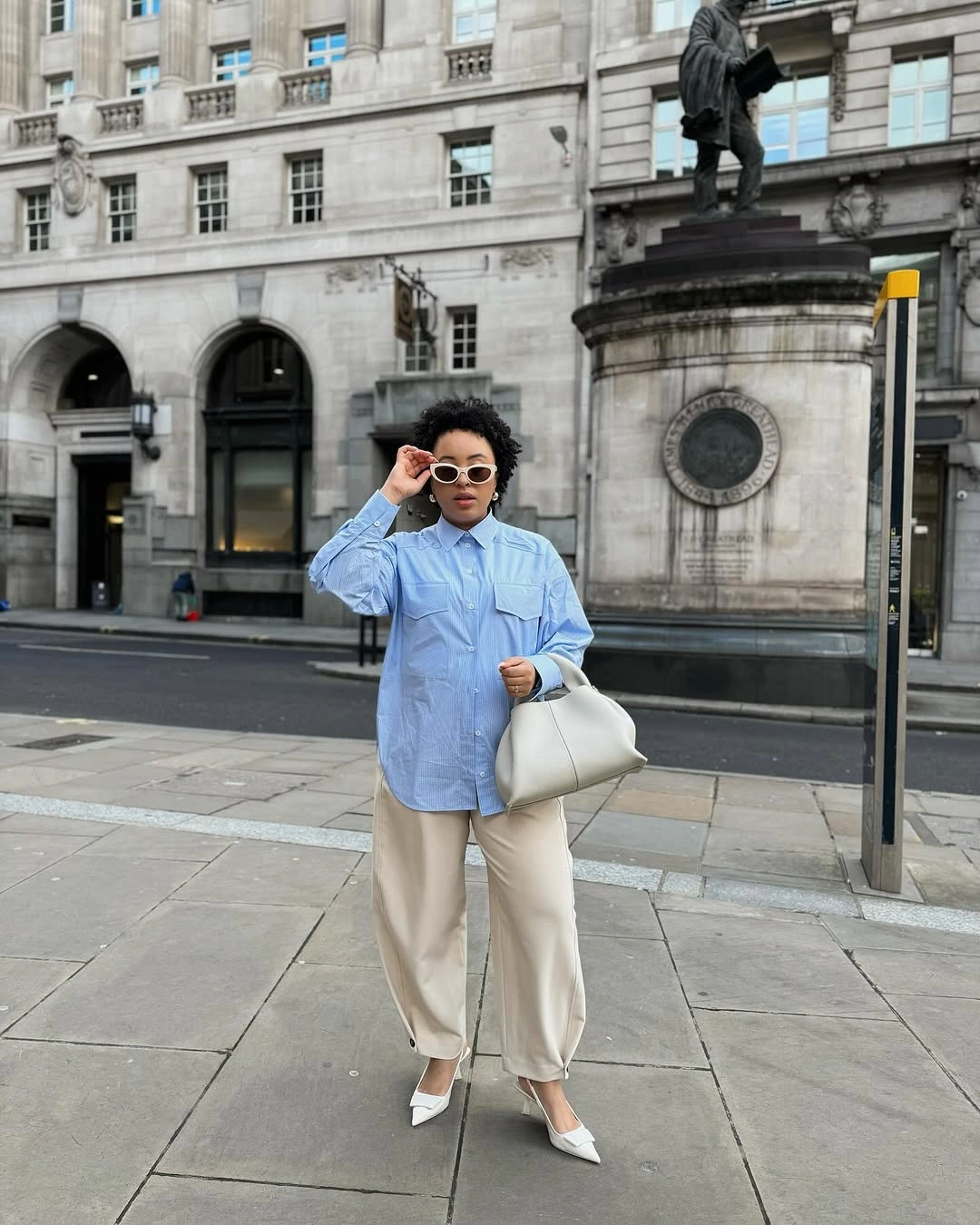 modern business casual dress code for women - Powder Blue Shirt and Cream Trousers for a Soft Office Look
