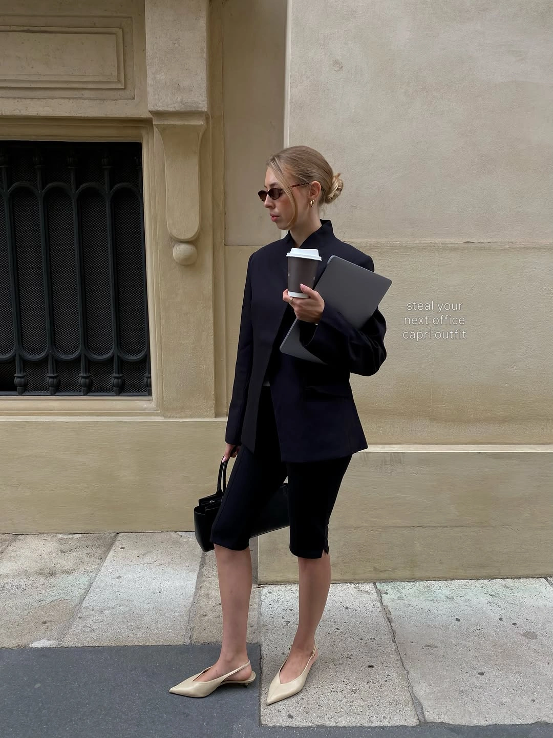 modern business casual dress code for women - Black Capri Tailoring for a Sleek Summer Workday