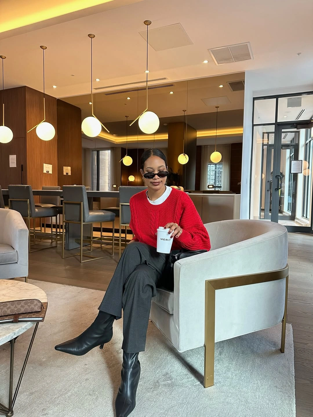 modern business casual dress code for women - Red Knitwear and Gray Trousers for Relaxed Business Casual