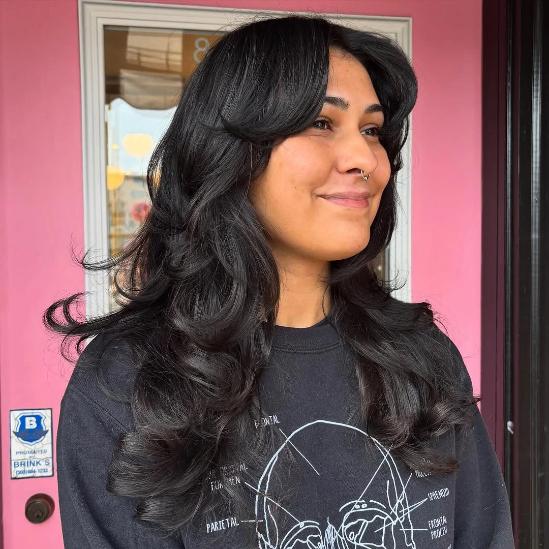 modern haircuts for plus size women 2027 Voluminous Butterfly Layers With Curtain Bangs