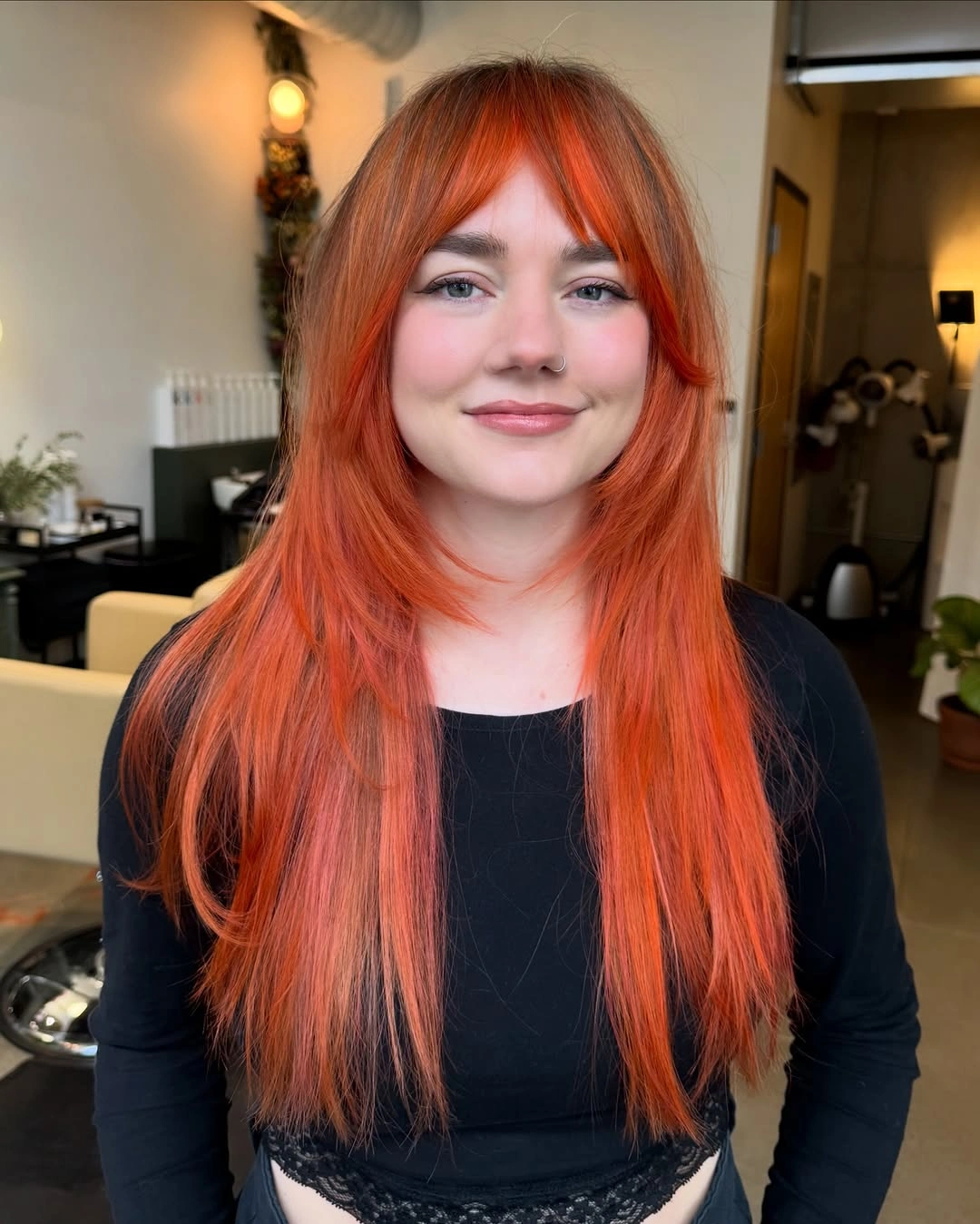 modern haircuts for plus size women 2027 Long Copper Layers With Soft Curtain Bangs