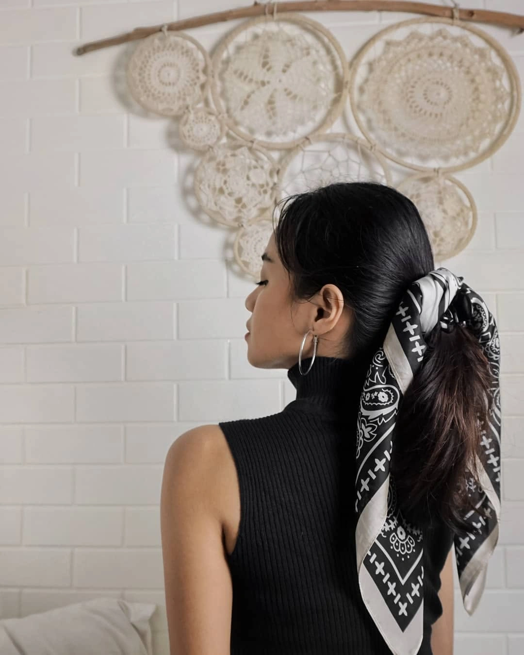 modern scarf hairstyle Polished Ponytail With a Graphic Scarf
