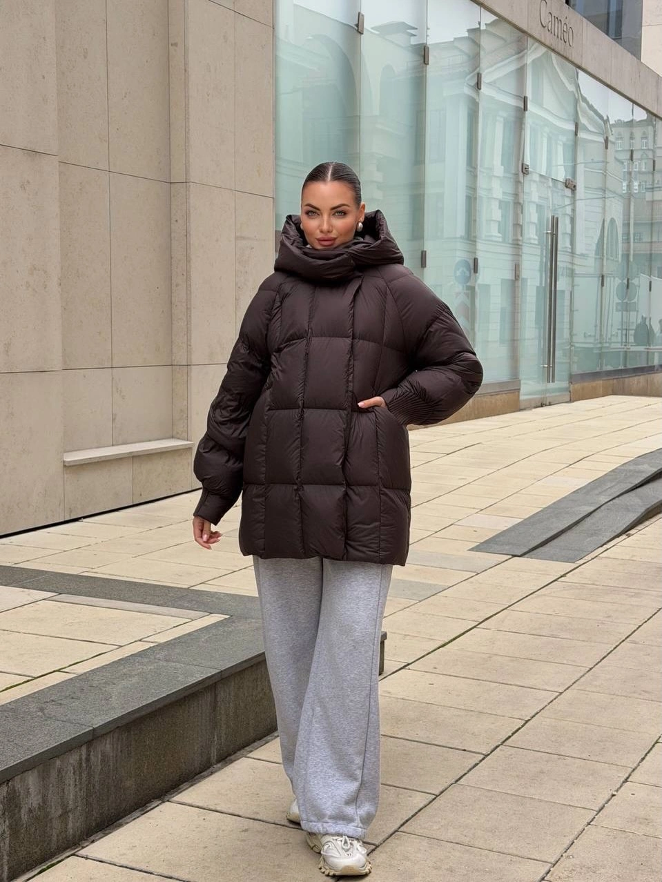 modern & trendy down jackets 2027 Chocolate Hooded Puffer with Relaxed Gray Layers