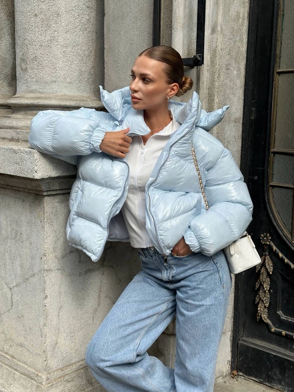 modern & trendy down jackets 2027 Powder Blue Cropped Puffer with Relaxed Denim