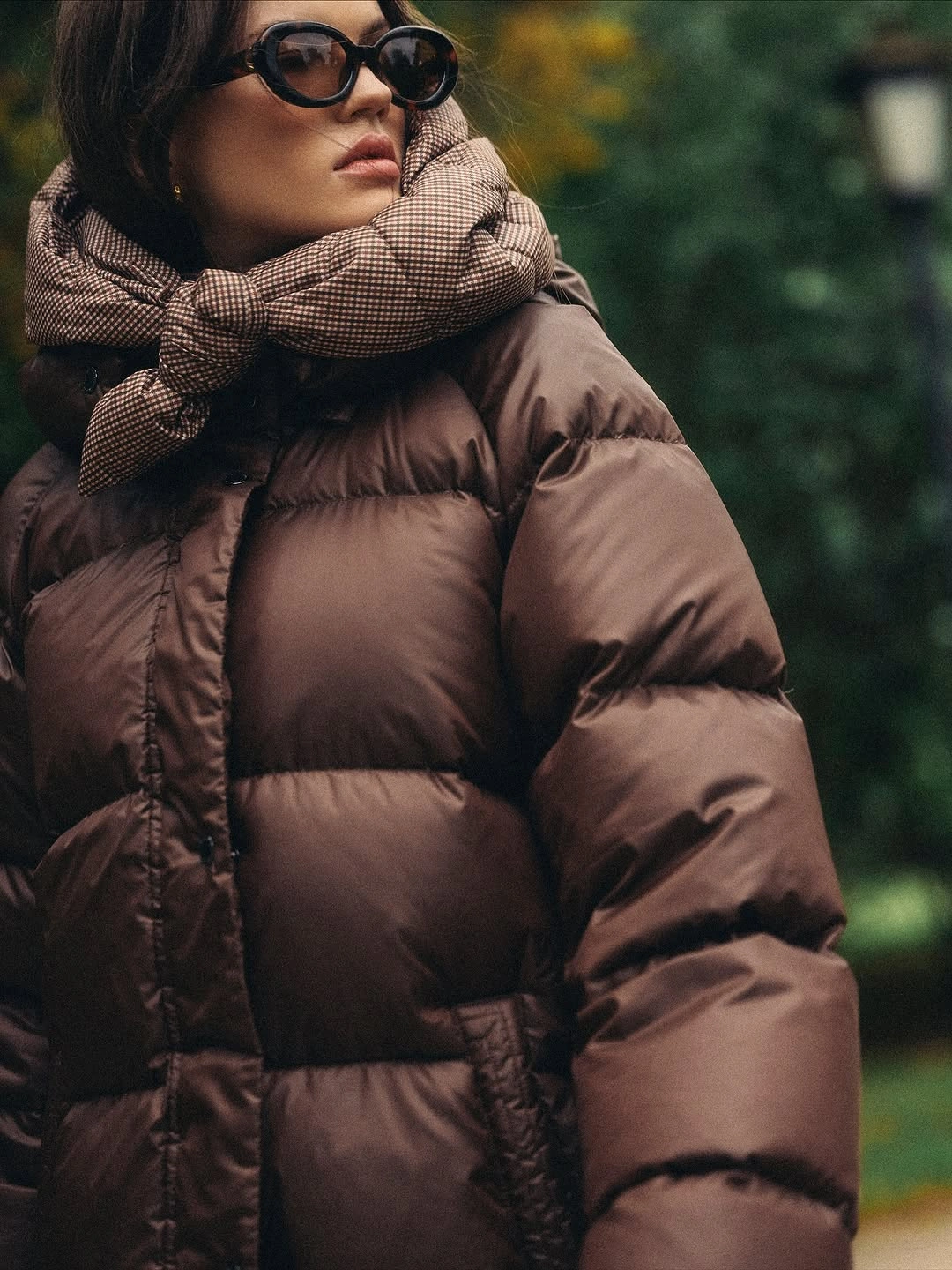 modern & trendy down jackets 2027 Chocolate Brown Puffer with a Vintage Inspired Scarf