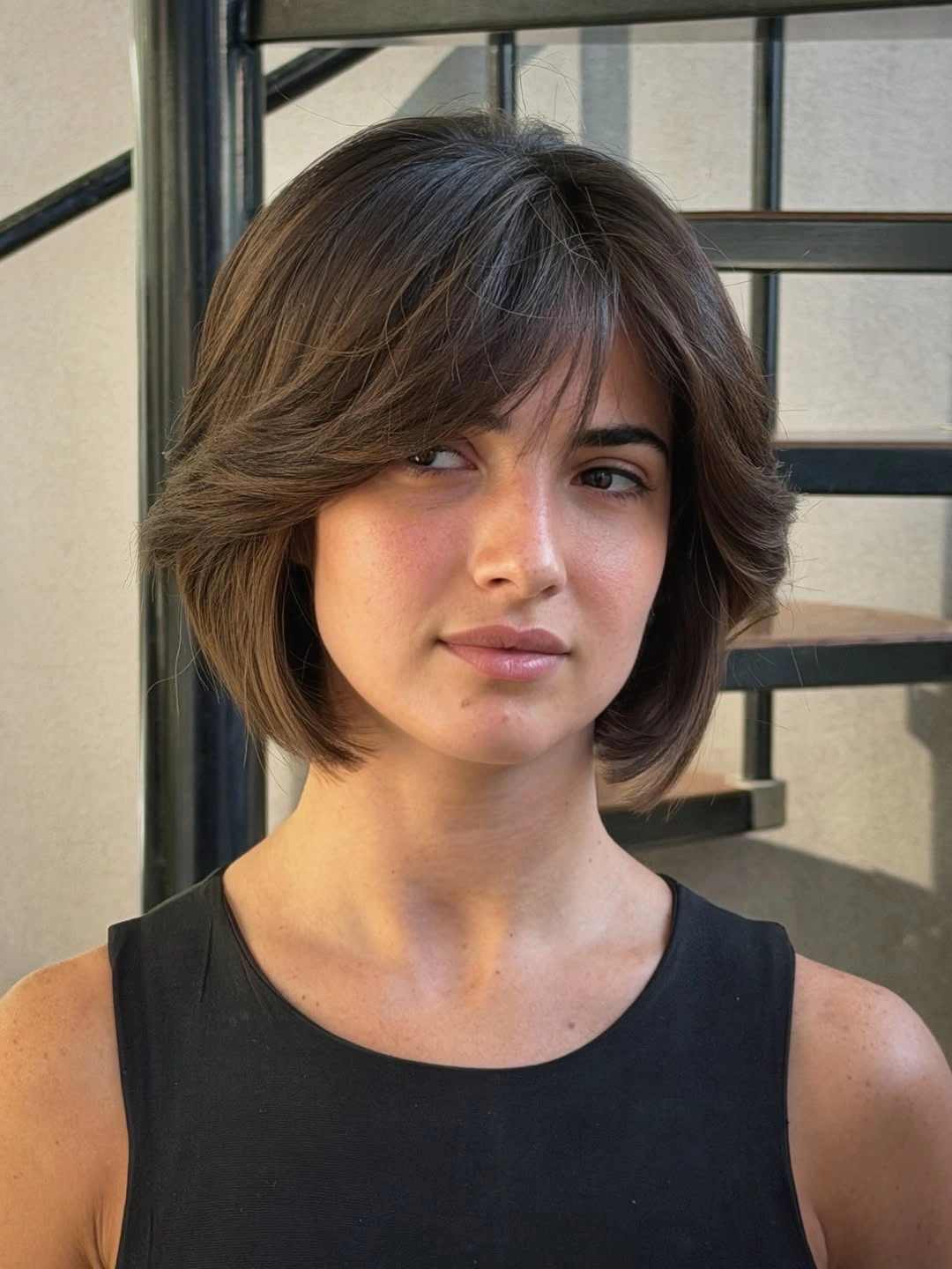 short bob hairstyle Layered Brunette Bob With Soft Bangs