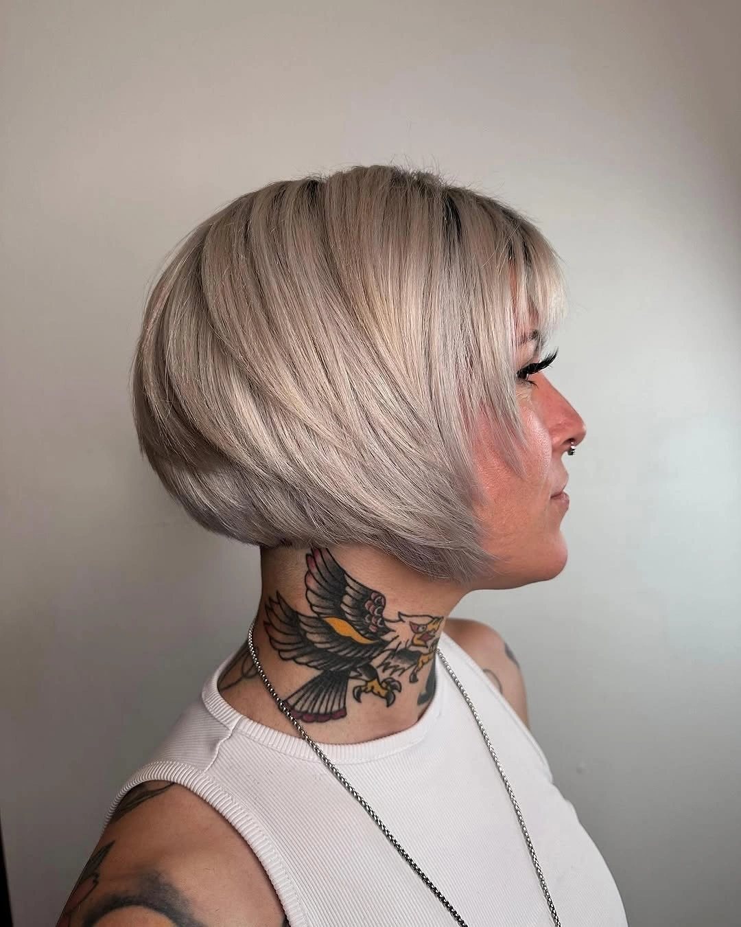 short bob hairstyle Silver Layered Bob With Feathered Fringe