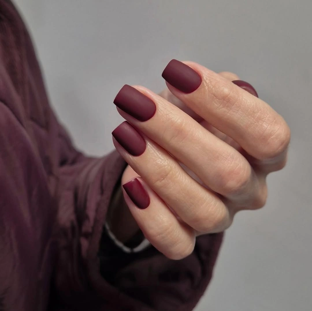 stunning november nails colors 2026 Matte Burgundy Short Square Nails