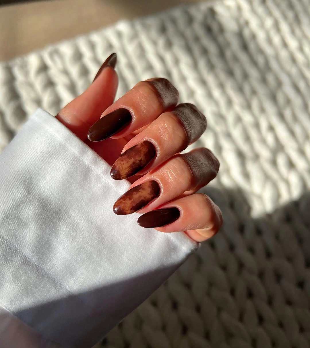 stunning november nails colors 2026 Dark Chocolate Almond Nails with Tortoiseshell Accents
