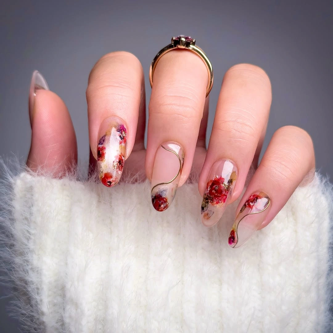 stunning november nails colors 2026 Sheer Floral Nails with Burgundy and Gold