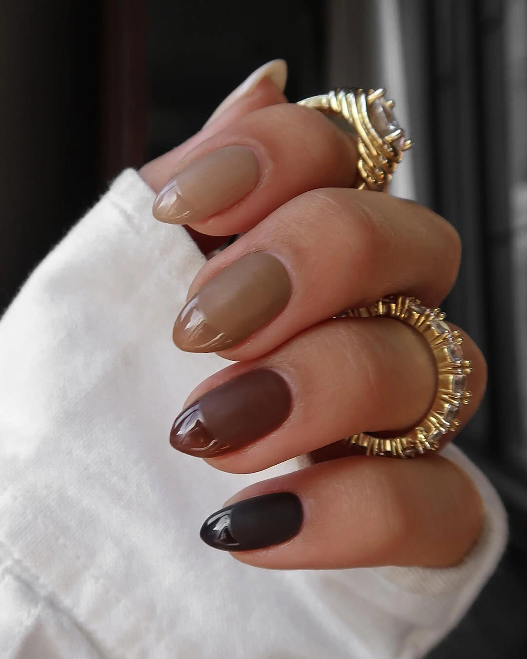 stunning november nails colors 2026 Espresso Cocoa and Sheer Beige Almond Nails