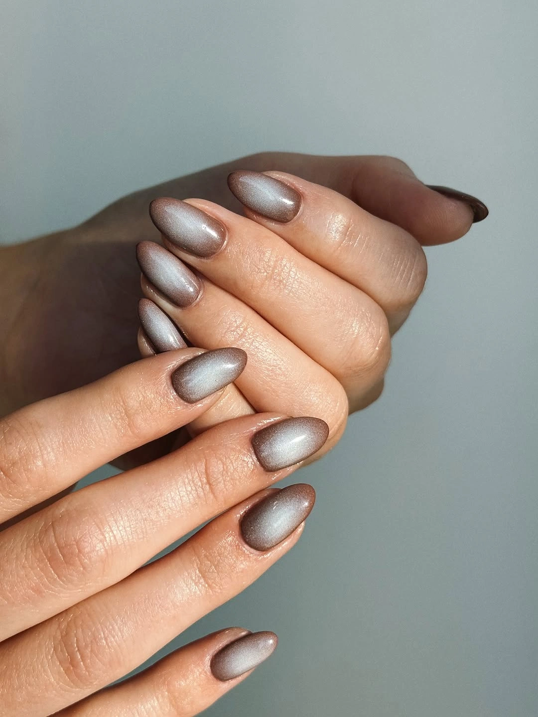 stunning november nails colors 2026 Soft Taupe Chrome Almond Nails