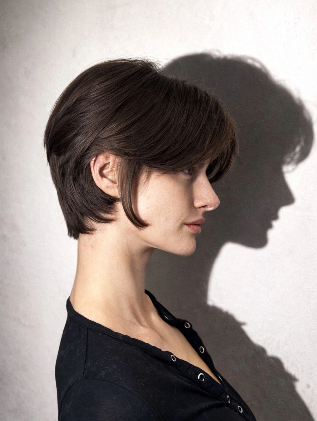 short haircut for women Soft Brunette Bixie With Sweeping Bangs