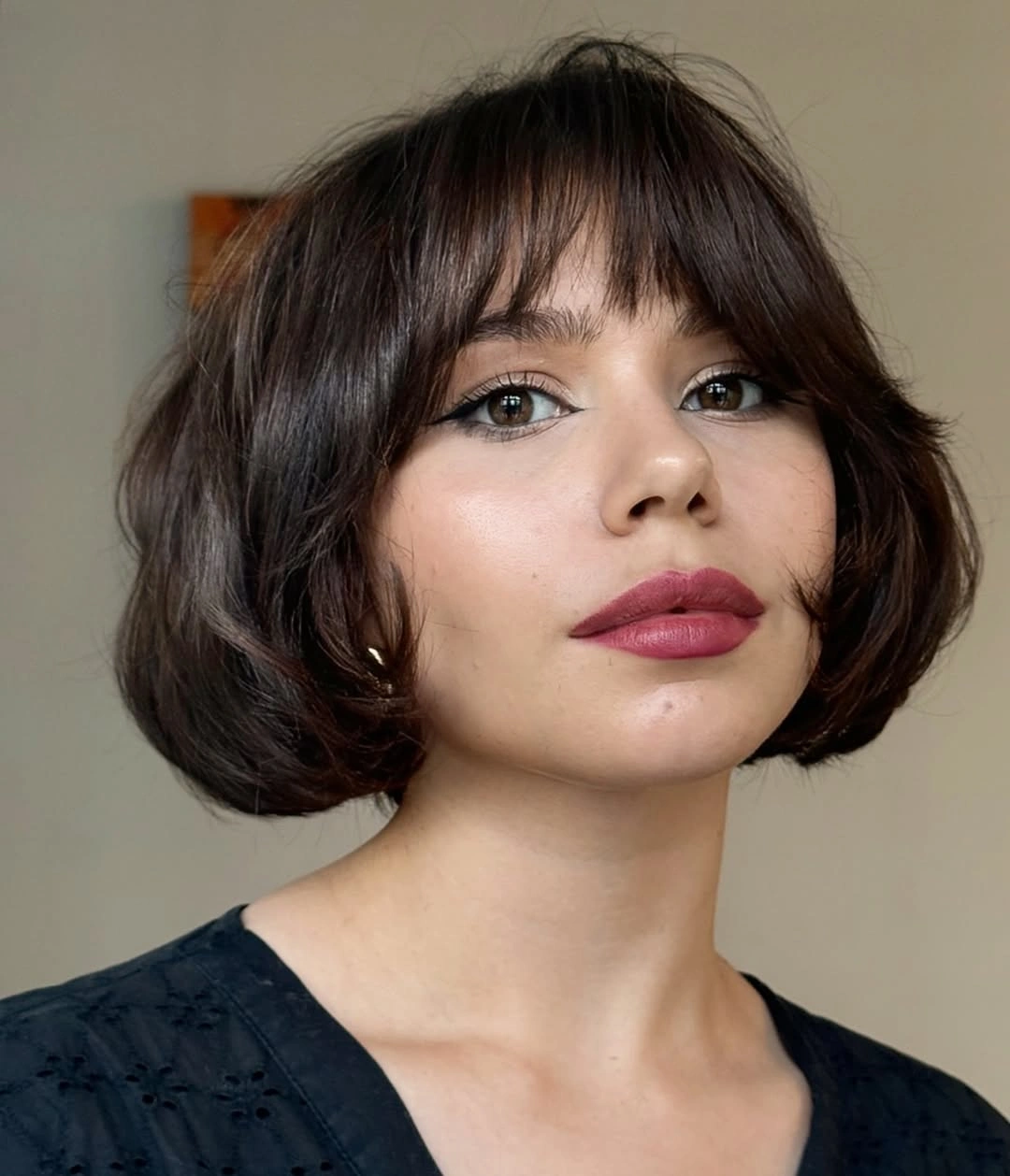 stylish bob with bangs Textured Brunette Bob With Wispy Bangs