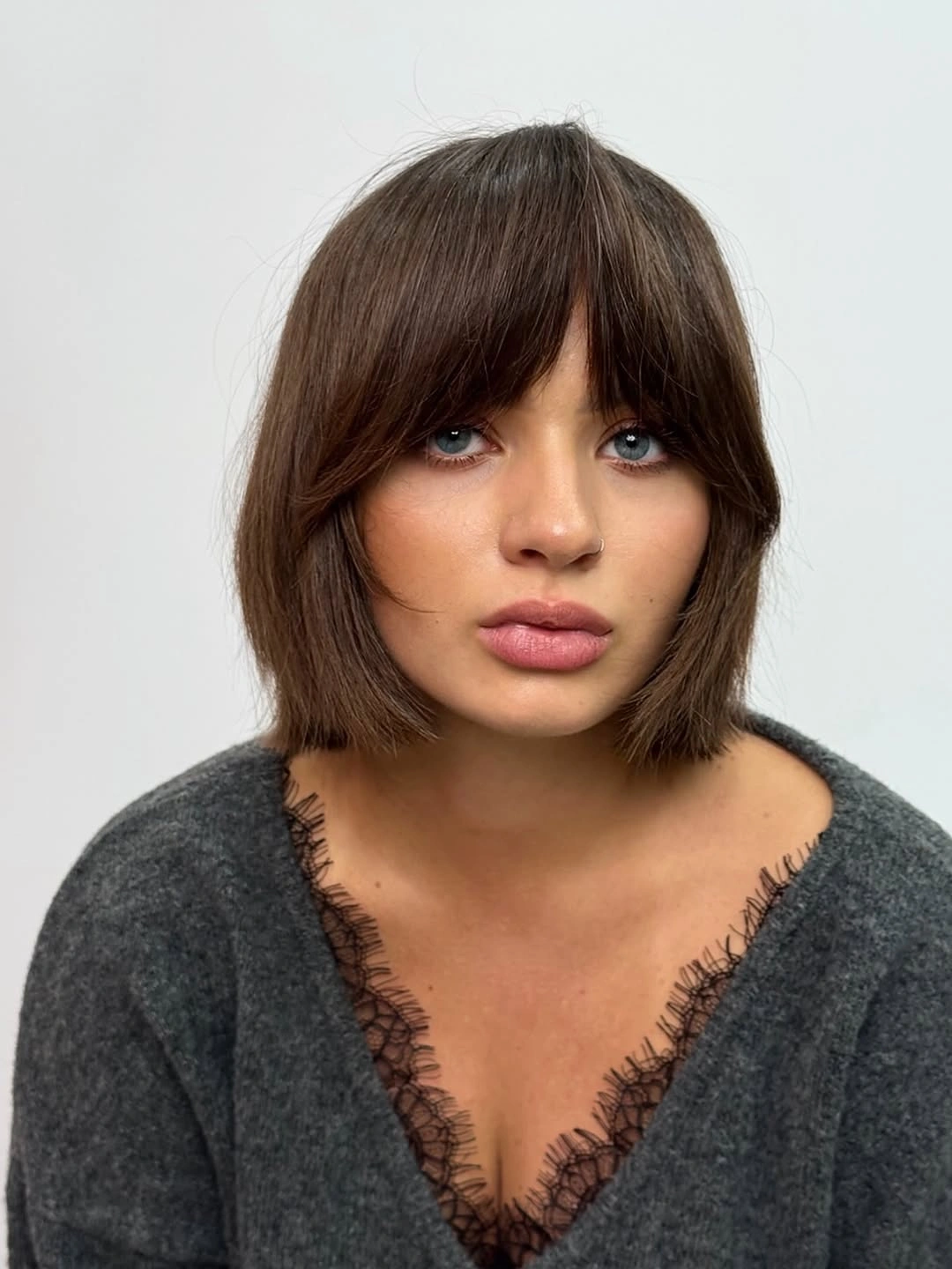 stylish bob with bangs Soft Brunette Bob With Curtain Bangs