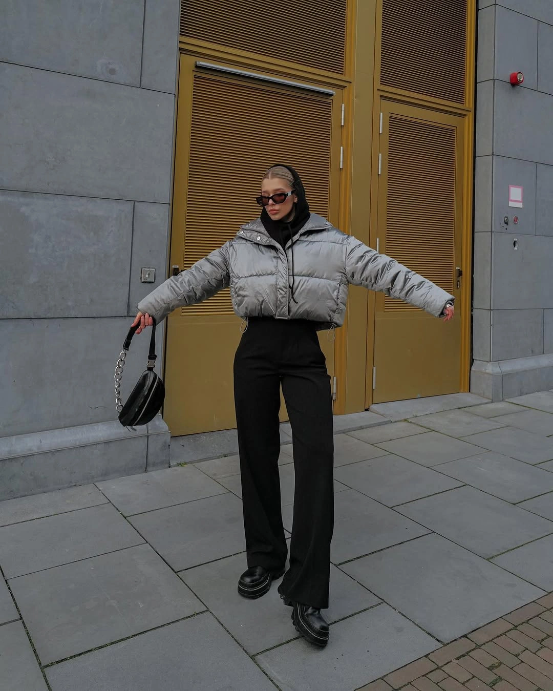 stylish & trendy puffer jackets 2027 Silver Cropped Puffer With Wide-Leg Trousers