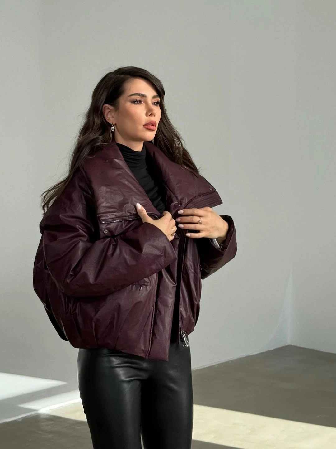 stylish & trendy puffer jackets 2027 Deep Burgundy Puffer With Leather Pants