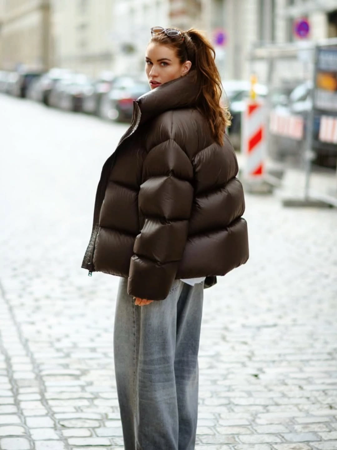 stylish & trendy puffer jackets 2027 Brown Puffer With Relaxed Denim