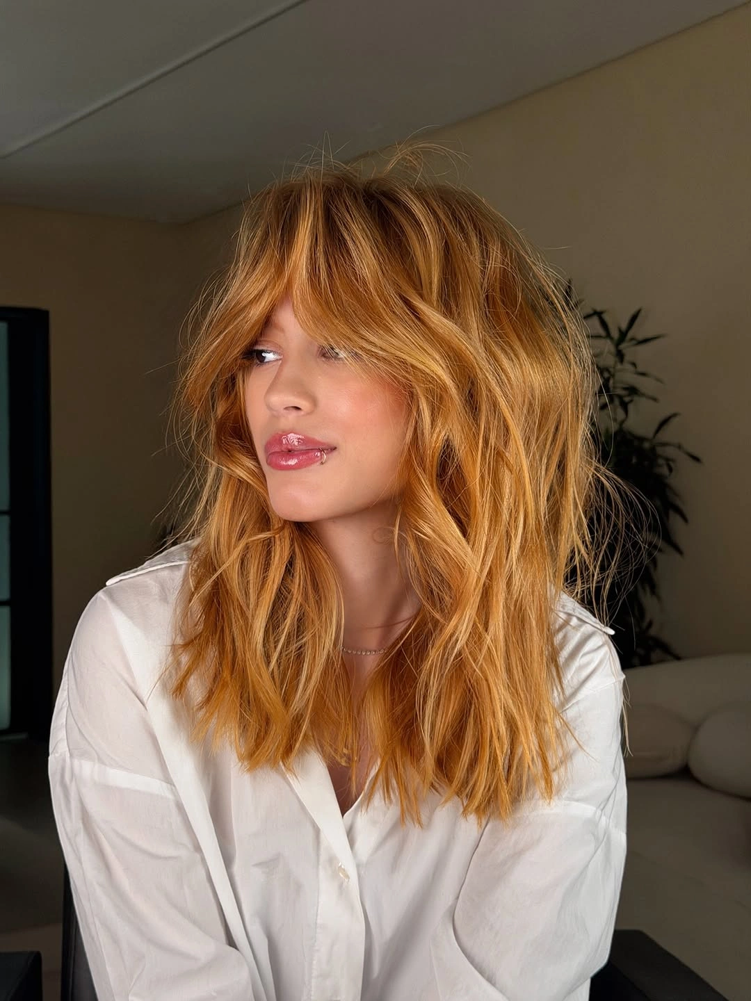 stylish winter haircuts Long Copper Layers With Soft Curtain Bangs