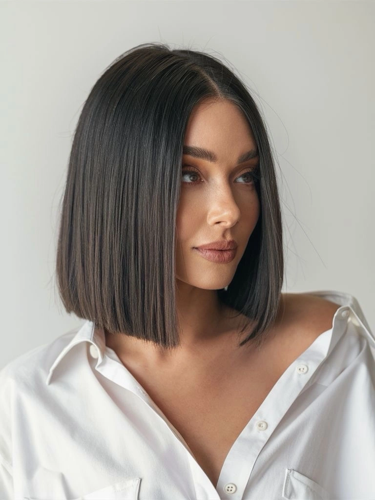 stylish winter haircuts Sleek Dark Bob With a Clean Center Part