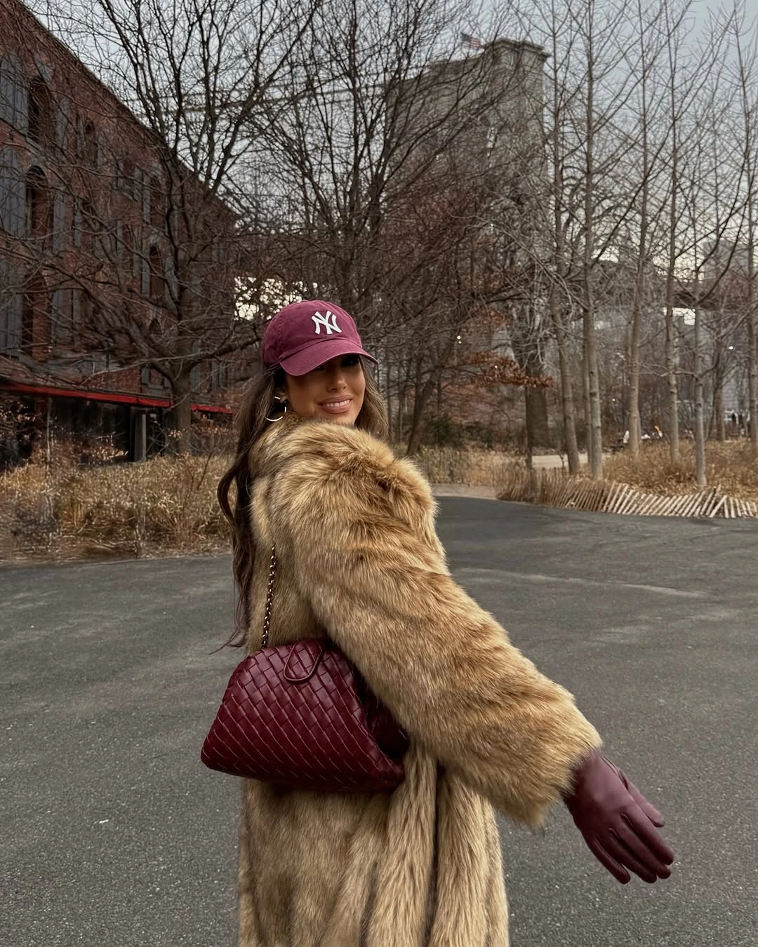 stylish winter NYC outfits - Warm Fur and Burgundy Accessories