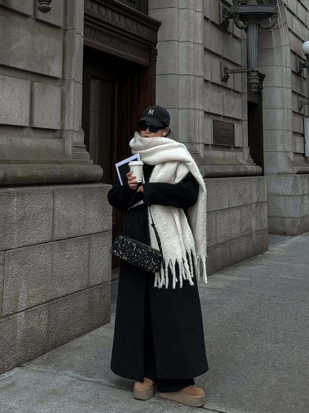 stylish winter NYC outfits - Black Coat With an Oversized Scarf